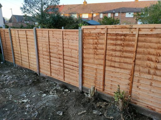 Wooden fence panels in a garden with gravel and sparse vegetation in the foreground.